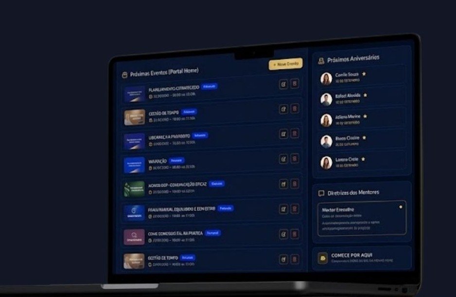 Hubium Mentor aberto em notebook e celular, com agenda de eventos e diretrizes de mentores